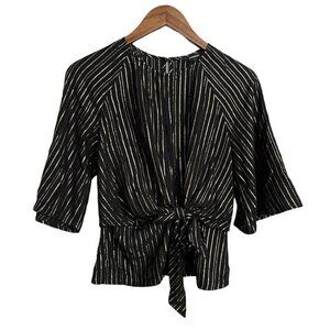 Express Womens Black Gold Metallic Stripe Tie Front Keyhole Blouse Size Small